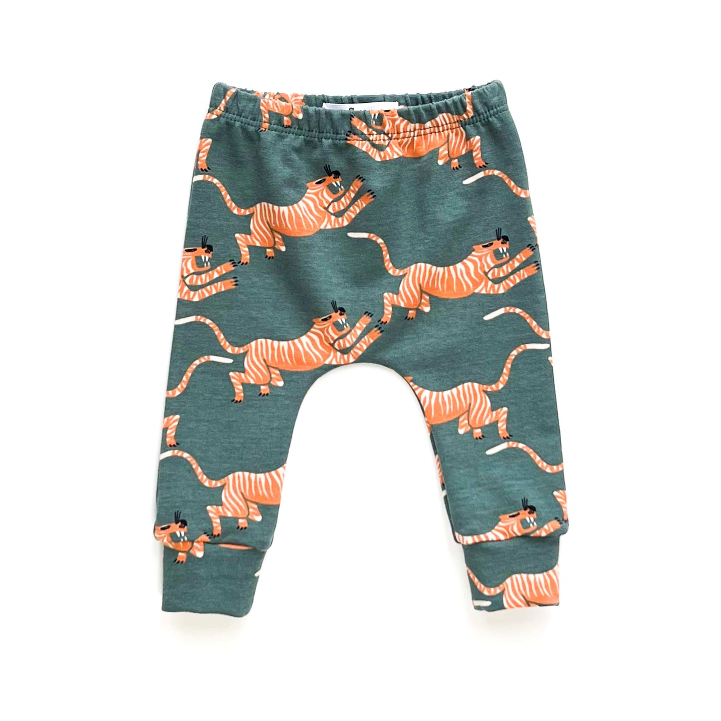 baby  Leggings with burn orange tiger and pine background colour.