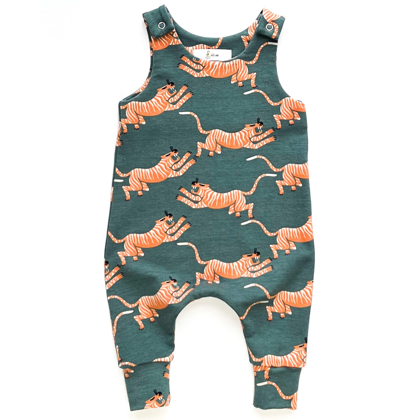 baby Romper / Dungarees with burn orange tiger and pine background colour.
